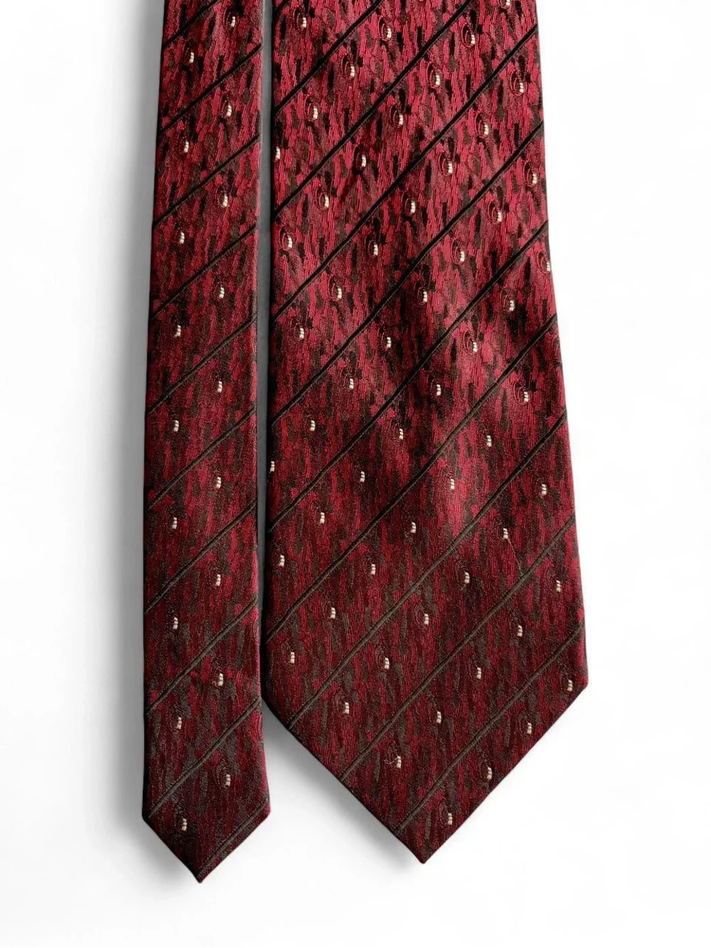 Vintage Louis Vuitton burgundy tie with diagonal stripes and small white dots